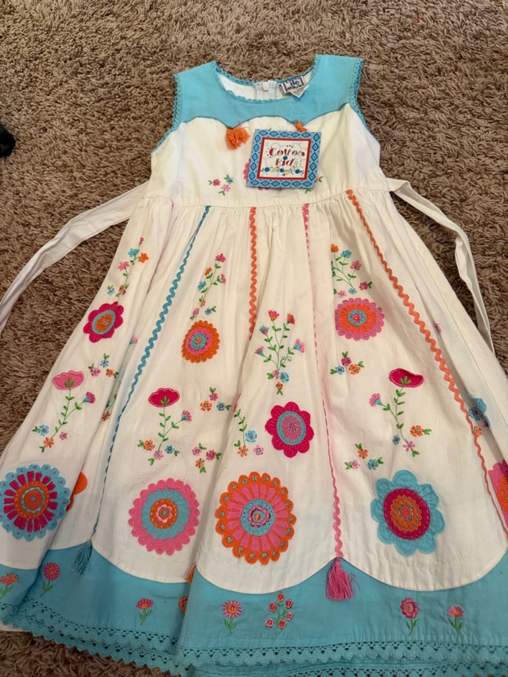 Cotton Kid Girls' Cream Floral Embroidered Dress with Blue Trim